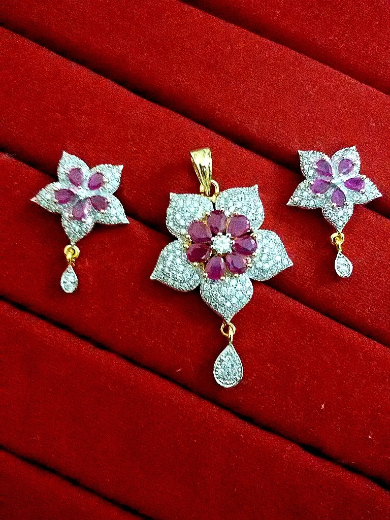 Daphne amazing flower pendant earrings with ruby studded stones for women