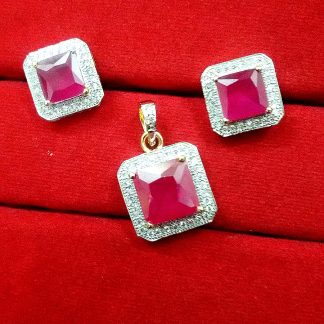 Daphne Ruby Square Shape AD Pendant and Earrings