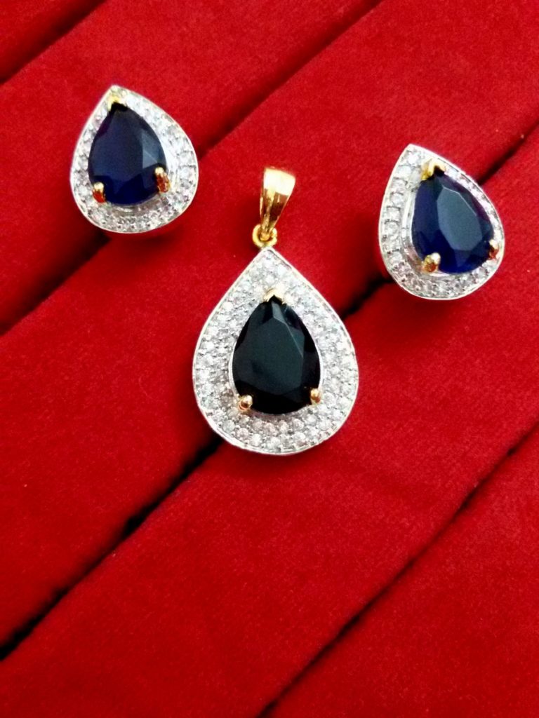 Daphne Blue Sapphire Studded American Diamond Pendant and Earrings for Valentine Gift