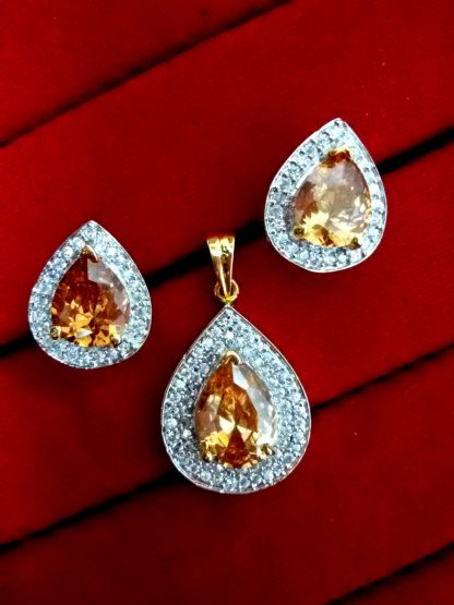 Daphne Studded Amber American Diamond Pendant and Earrings for Valentine Gift