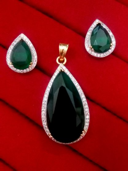 Daphne Green Shade Studded Zircon Pendant and Earrings