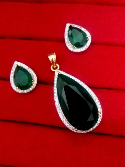 Daphne Green Shade Studded Zircon Pendant and Earrings for Anniversary Gift