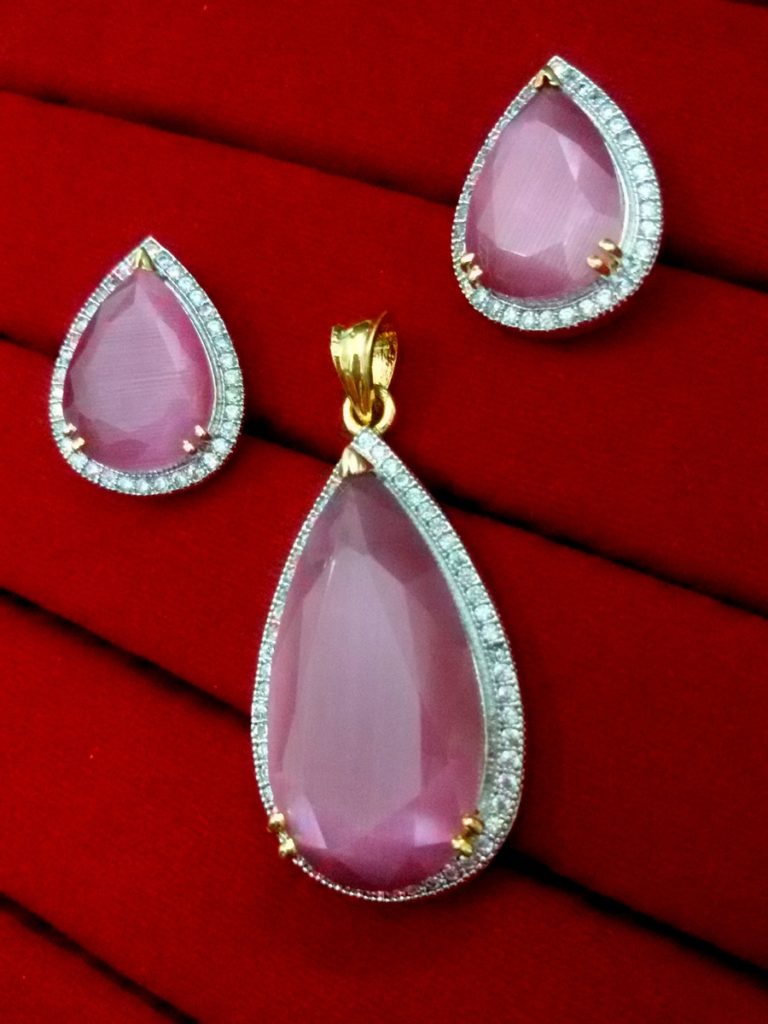 Daphne Pink Shade Studded Zircon Pendant and Earrings for Anniversary Gift