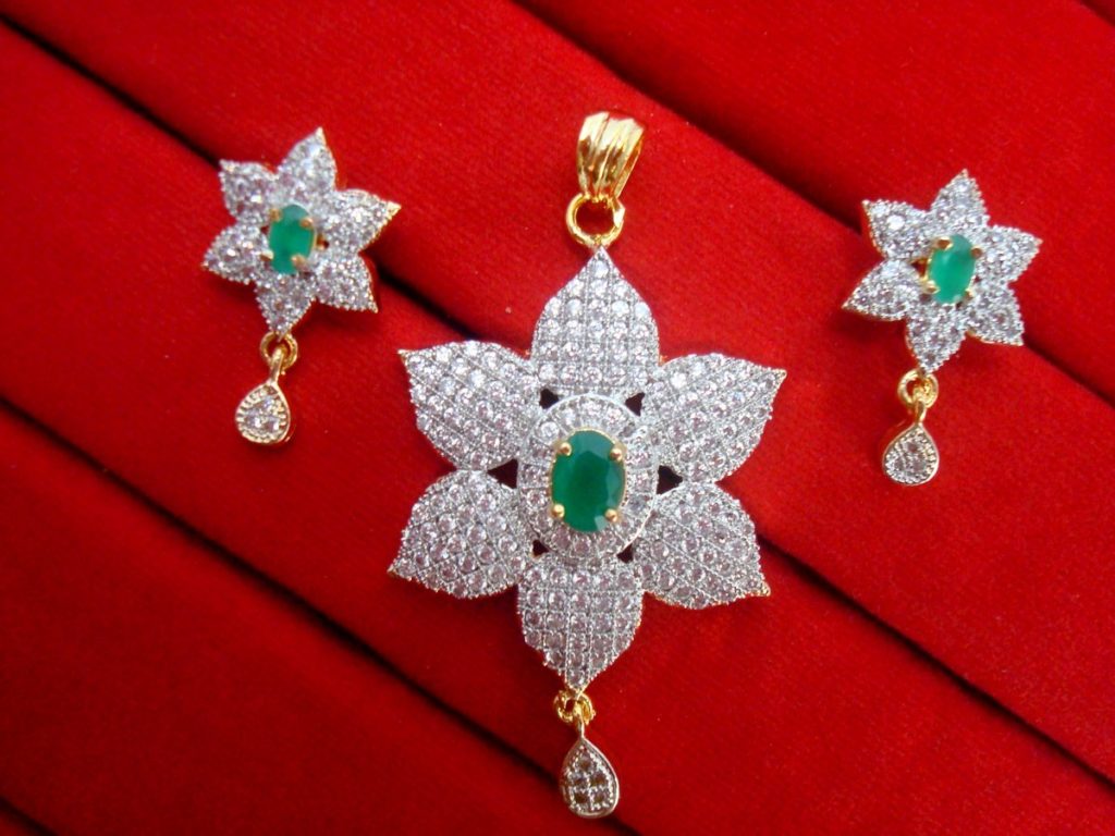 Daphne Green Flower Zircon Studded Edge Pendant Earrings for Women - FRONT