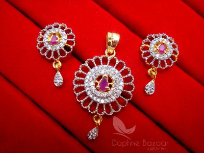 AD57 Daphne Pink Zircon Round Pendant Set for Women, Gift For Friend