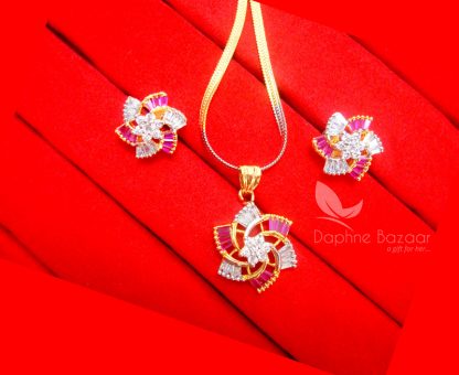 AD16, Daphne Pink Crystal Flower Pendant Earrings for Cute Rakhi Gift