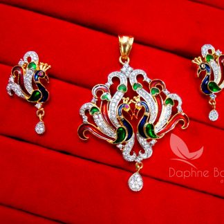 AD82, Daphne Multi Color Peacock Meenakari Zircon Pendant Set