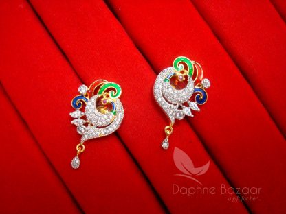 Z13, Daphne Zircon Peacock Meenakari Zircon Pendant Set - EARRINGS