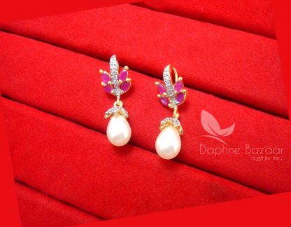 E57, Pink Zircon studded Pearls Hangings Earrings for Girls