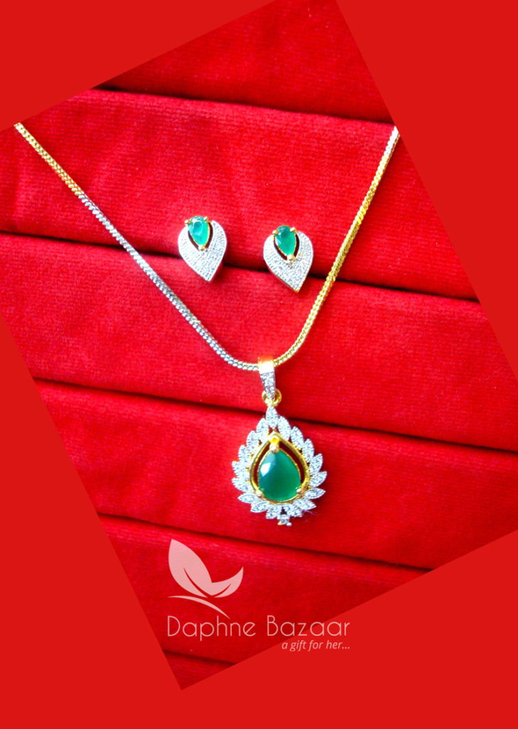 PE38, Daphne Emerald Green Zircon Studded Pendant Earrings for Women