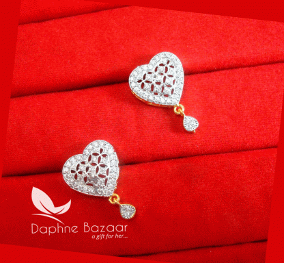 Z60, Daphne Silvery Heart Shape Zircon Designer Earrings Beautiful Surprise Birthday Gift for Wife