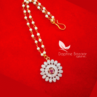 MAG50, Daphne Pink Zircon Carving Maang Tikka with Pearls for Women