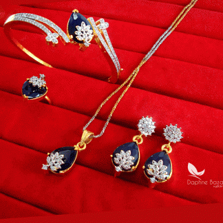 CBU25, Super Saver Four Items Zircon Studded Navy Blue Fashion Pendant, Earrings with Ring and Bracelet, Combo for Gift