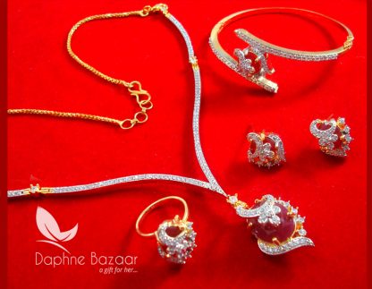 CBU31, Super Saver Four Items Zircon Ruby Shade Party Wear Necklace Earrings with Ring and Bracelet