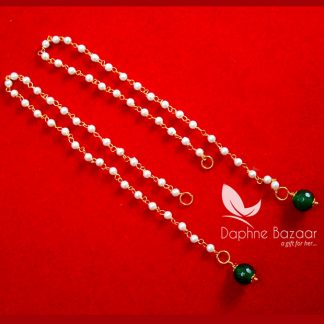 DR15, Indian Bollywood Handmade Golden Pearl & Green Kaan Chain For Heavy Earring