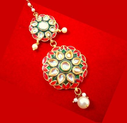 MAG79 Daphne Traditional Meenakari Kundan Pearls Maang Tikka For Wedding Events close up