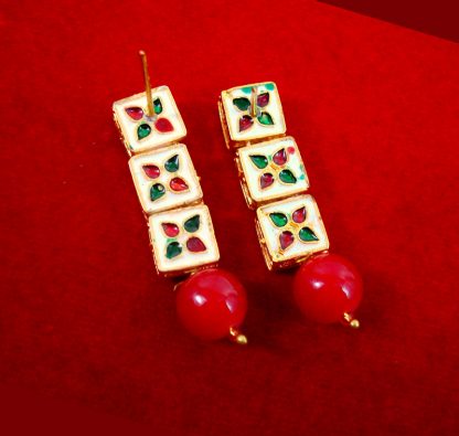 NK34 Traditional Multi Color Pearl Kundan Earrings For Women Back view