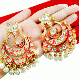 EK11 Daphne Pink Meena Double Layer Kundan Chand Bali Earrings with Pearls