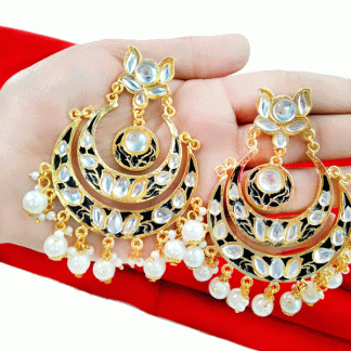 EK12 Daphne Black Meena Double Layer Kundan Chand Bali Earrings with Pearls