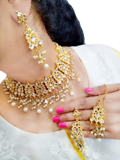 NK91 Daphne Wedding Wear Pearl Kundan Necklace Set with Maang Tikka -view2