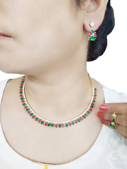 NK100 Classic Zircon Pink And Green Stone Studded Necklace With Earring For Women