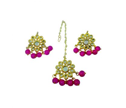 KC27 Latest Pink Kundan Onyx Maang Tikka And Earrings For Bridal Dresses