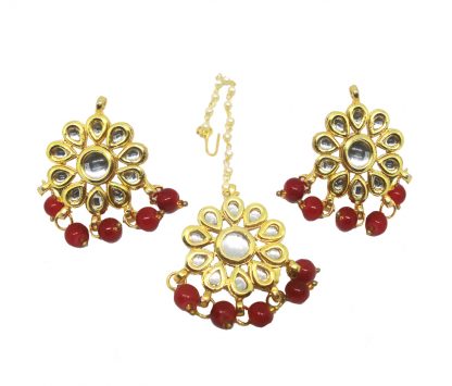 KC29 Latest Pink Kundan Onyx Maang Tikka And Earrings For Bridal Dresses