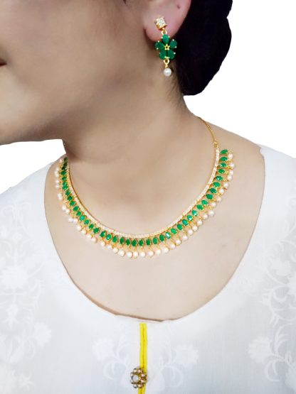 NA42 Daphne Divine Green Zircon Studded Pearls Necklace with earring For Women