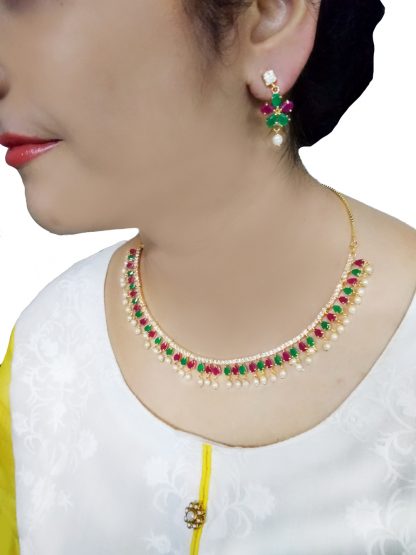 NA43 Daphne Divine Green & Maroon Zircon Studded Pearls Necklace with earring For Women