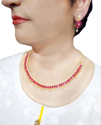 NA44 Daphne Divine Pink Zircon Studded Pearls Necklace with earring For Women