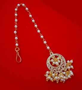 EM51 Daphne Round Shape Golden Pearl Maang Tikka Especially For Weddings