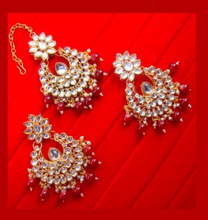 EM52 Daphne Kundan Maang-Tikka Earring Bridal Set With Maroon Bead Drops