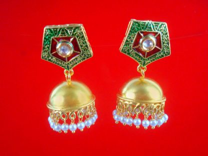 JH35 Daphne Pentagon Green Round Kundan Earring With Golden Pearl Hanging Jhumka