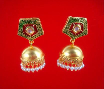 JH35 Daphne Pentagon Green Round Kundan Earring With Golden Pearl Hanging Jhumka