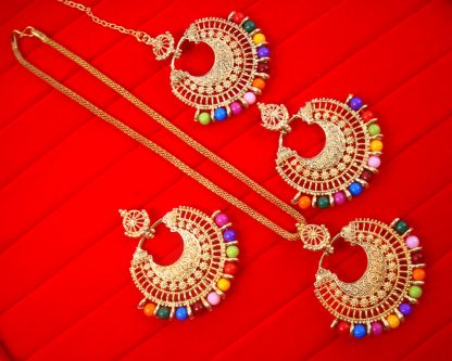 NA94 Daphne Round Multicolor Beads Party Wear Necklace Earring With Maang Tikka