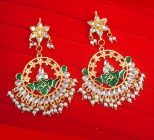 JH53 Daphne Wedding Wear Golden Plated Kundan Green Earring With Hanging Pearl Drop 