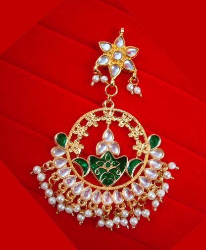 JH53 Daphne Wedding Wear Golden Plated Kundan Green Earring With Hanging Pearl Drop