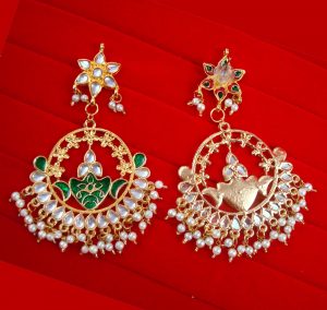 JH53 Daphne Wedding Wear Golden Plated Kundan Green Earring With Hanging Pearl Drop