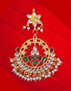 JH54 Daphne Wedding Wear Golden Plated Kundan Maroon Green Earring With Hanging Pearl Drop