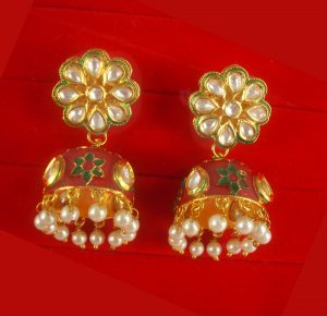 JH64BM Daphne Mint Matte Jaipuri Work Kundan Earring With Round Jhumki