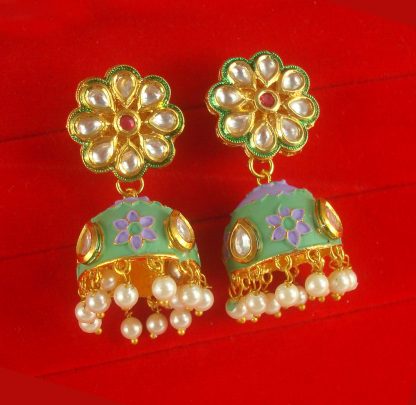 JH64L Daphne Mint Matte Jaipuri Work Kundan Earring With Round Jhumki