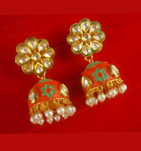 JH64O Daphne Mint Matte Jaipuri Work Kundan Earring With Round Jhumki