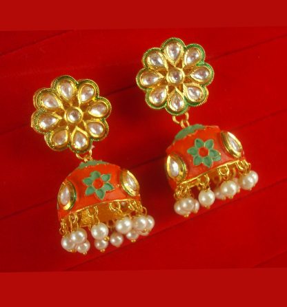 JH64O Daphne Mint Matte Jaipuri Work Kundan Earring With Round Jhumki