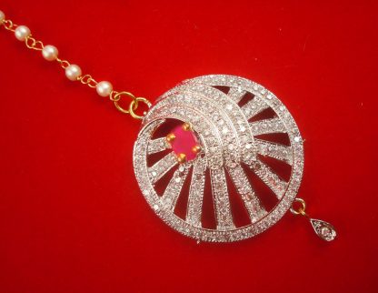 ZMG13 Daphne Round Pink Stone Designer Zircon Maang Tikka For Girls and Woman