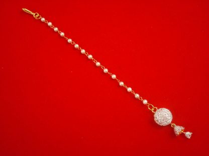 ZMG19 Daphne Small Designer Zircon Maang Tikka With Pearl Chain For Girls