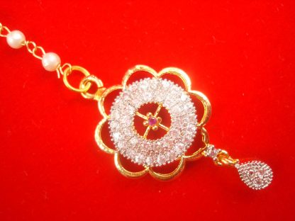 ZMG20 Daphne Flower Designer Zircon Maang Tikka With Pearl Chain For Girls