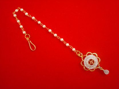 ZMG20 Daphne Flower Designer Zircon Maang Tikka With Pearl Chain For Girls