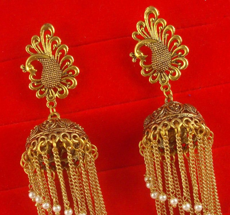 Oxidized Golden Triple Chain Star Jhumka Earrings, ER# 484 - DesiGifts LLC