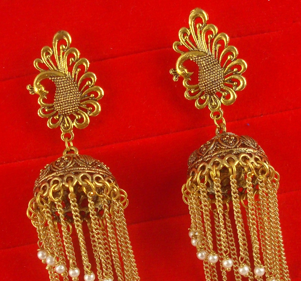 Golden Jhumka Earrings with Pearl Beads and Pink Stones – AryaFashions